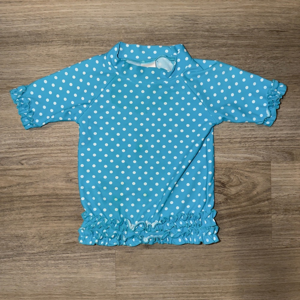 Ruffle Butts Baby Girls Blue Polka Dot Rash Guard Swim Top 18-24 Months